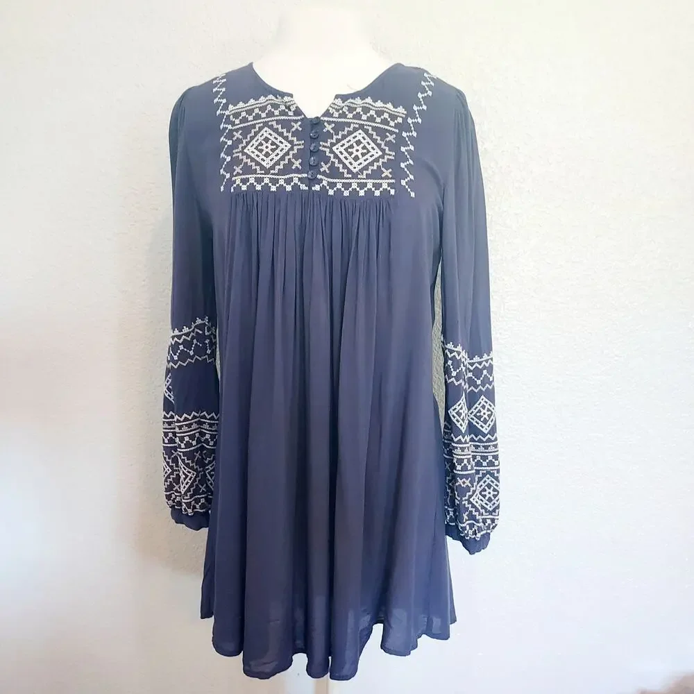Monoreno Blue Embroidered Long Sleeve Tunic Dress Size M